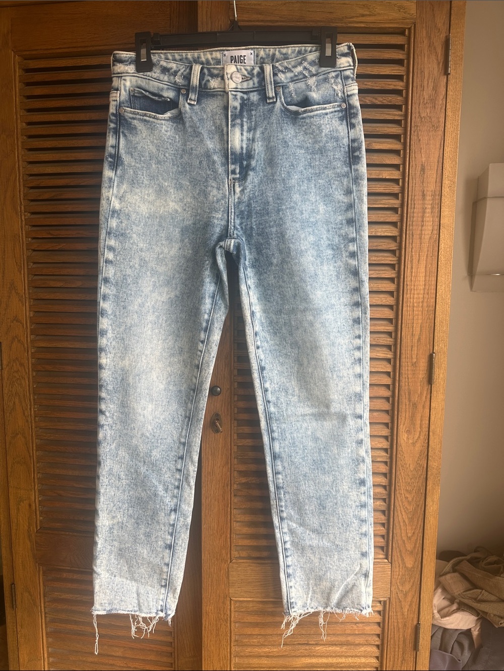 PAIGE Light Acid-Wash Blue Slim Straight Jeans with Raw Hem
